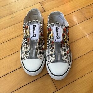 Ed Hardy Y2K Tattoo Graphic Canvas Slip On Sneakers White Skulls Flames Size 8